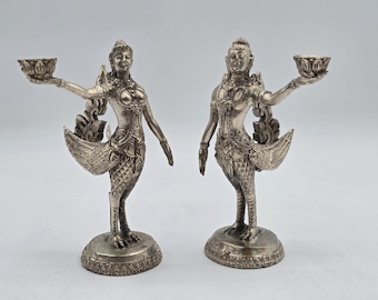 Pair of Tibetan Kinnaras with lotus for incense or candle