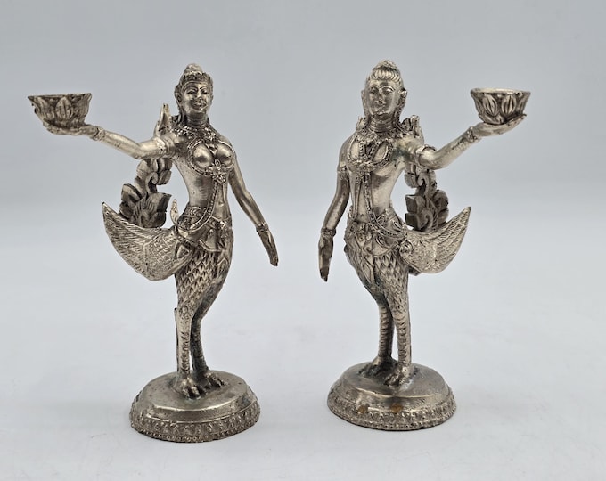 Pair of Tibetan Kinnaras with lotus for incense or candle