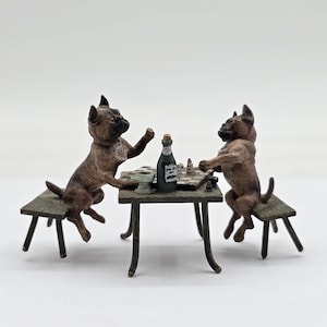 Viennese bronze, Antique miniature, 2 pugs playing chess, marked, Cold-painted