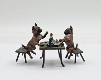 Viennese bronze, Antique miniature, 2 pugs playing chess, marked, Cold-painted