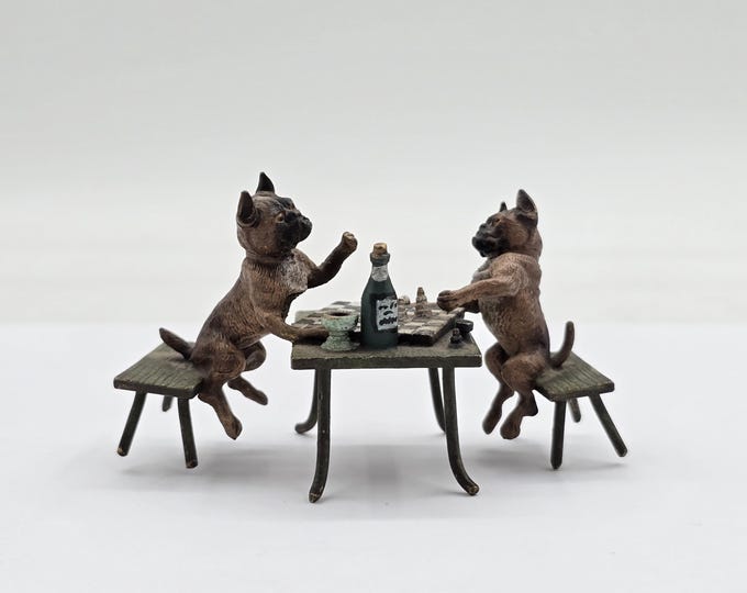 Viennese bronze, Antique miniature, 2 pugs playing chess, marked, Cold-painted
