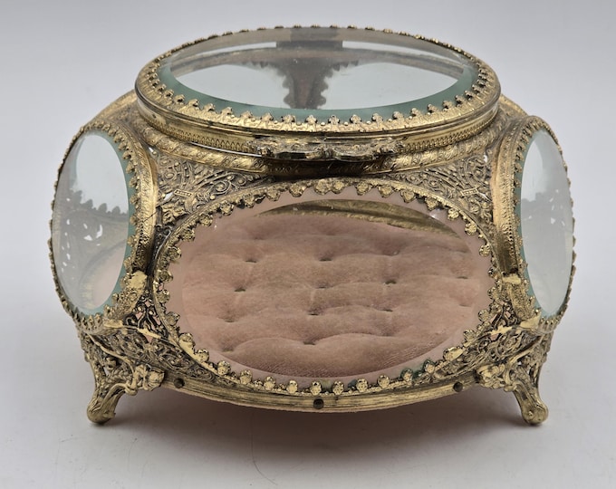 Beautiful large antique jewelry box, trinket box with 6 facet cut windows in perfect condition