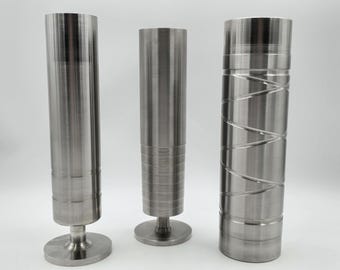 3 Industrial vintage brutalist vases, solid stainless steel