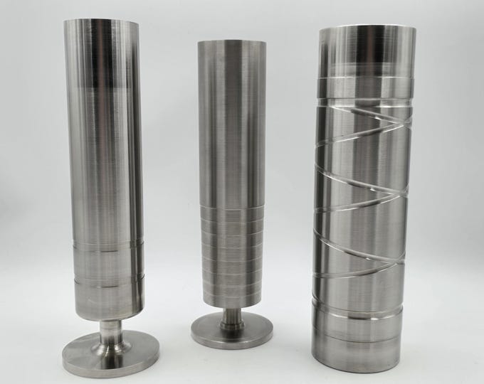 3 Industrial vintage brutalist vases, solid stainless steel