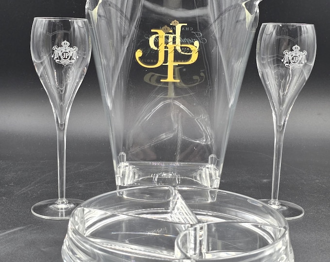 Plexiglass champagne cooler with 2 matching glasses and snack bowl, Joseph Perrier