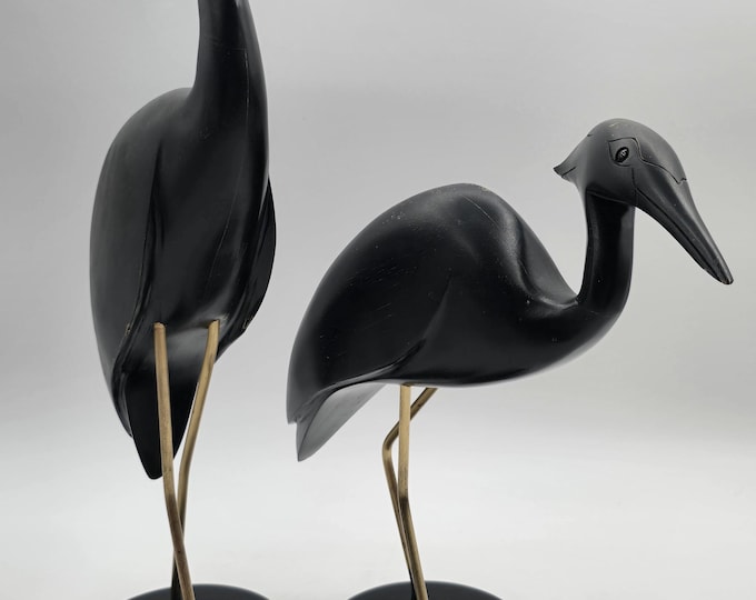 Pair of design Silver Egrets handmade from wood, Feathers Gallery, on a plinth, Limited edition