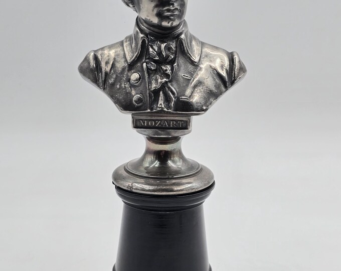 Bust Mozart on wooden base, Silver plated