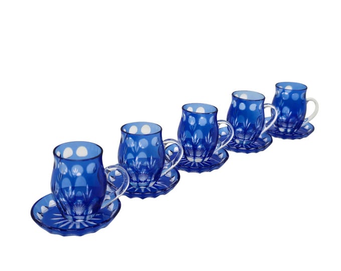 Set of 5 Cut crystal shot glasses on saucer, Handmade, Japan