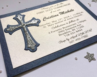 FIRST HOLY COMMUNION Invitation. Navy Blue Baptism Invitation Mi bautizo Christening Invitation Boy 1st Communion Invitation Spanish Baptism