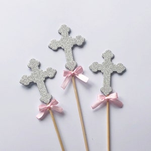 Set of 3 Glitter Cross Baptism Centerpieces Glitter Cross with Bow. Christening Baptism Decorations Cross Floral Picks Stick Centerpieces image 2