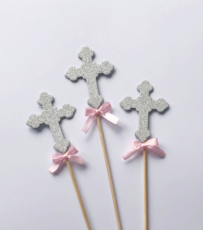 Set of 3 Glitter Cross Baptism Centerpieces Glitter Cross with Bow. Christening Baptism Decorations Cross Floral Picks Stick Centerpieces image 2