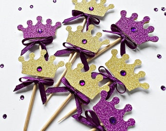 10 Purple Princess CROWN CUPCAKE Toppers - Décorations de fête d’anniversaire de princesse. Décoration de table de douche princesse pour bébé. Décor de fête à thème princesse