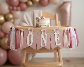 Wildflower ONE Highchair Banner – Dusty Rose Floral 1st Birthday Girl, Cake Smash Decor