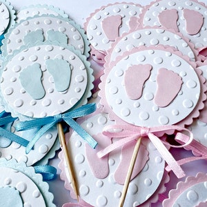 Topper per cupcake con impronte di piedi, baby shower con impronte di piedi. Topper per cupcake con impronte di piedi per bambine o bambini, decorazione per baby shower, festa per rivelare il sesso del bambino