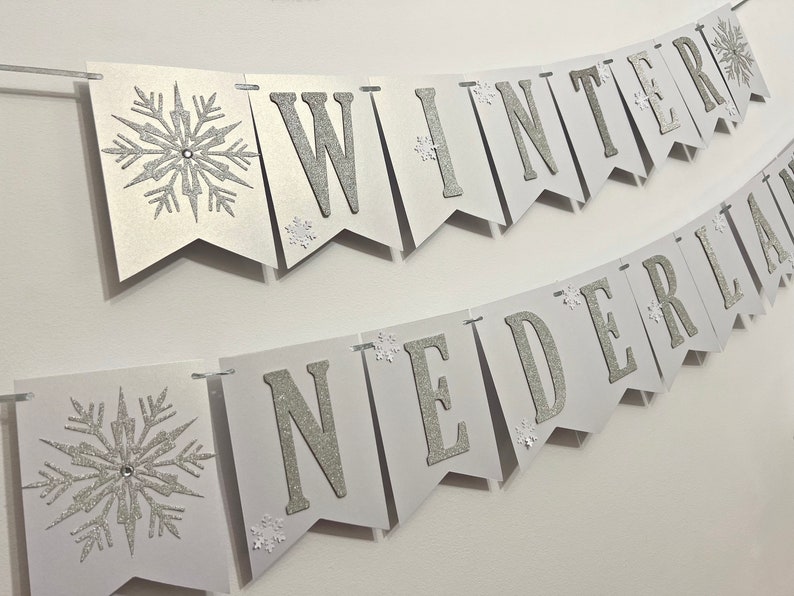 WINTER ONEDERLAND Banner Snowflake Happy Birthday Banner. Girl 1st Birthday Decorations Snowflake Baby Shower Christmas Table Decor Frozen White & SILVER