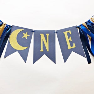 Navy Blue and Gold ONE High Chair Banner - Boy First Birthday Banner. Twinkle Twinkle Little Star Banner. Love You Moon and Back Party Decor