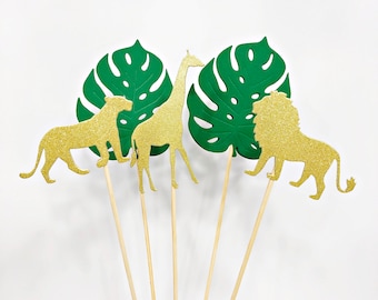 Safari Jungle Cake Toppers – Lion, Giraffe, Leaf Centerpieces for Parties