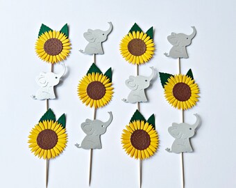 Elephant and Sunflower Baby Shower Decorations - Elephant Sunflower Cupcake Toppers. Girl Baby Elephant Decor. Sunflower Baby Shower Decor