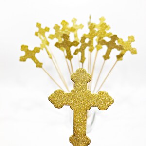 Set of 3 Glitter Cross Baptism Centerpieces Glitter Cross with Bow. Christening Baptism Decorations Cross Floral Picks Stick Centerpieces image 4