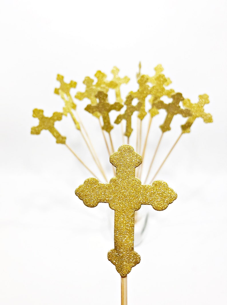 Set of 3 Glitter Cross Baptism Centerpieces Glitter Cross with Bow. Christening Baptism Decorations Cross Floral Picks Stick Centerpieces image 4