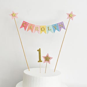Adorno para tarta con banderines de arcoíris pastel: primer cumpleaños, cumpleaños de niñas, cumpleaños de niños, banderines para tarta personalizados, banderines para tarta personalizados, decoración para tarta