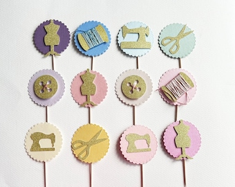 Sewing Party Cupcake Toppers - Pastel Colors,  Button, Machine, Scissor Decorations