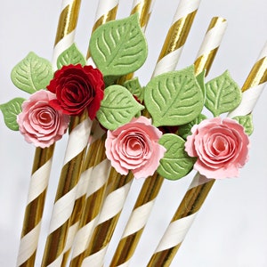 10 Red Rose Paper Straws- Floral Baby Shower Decorations. Floral First Birthday 3D Rose Flower Straws Bridal Shower Beauty Red Roses Party