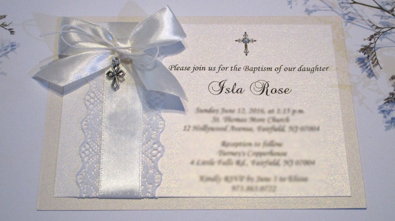 Ivory Baptism Invitation. Cross Charm Invite. Silver cross invitation. Girl baptism invitation. First holy communion. Christening Invitation image 1