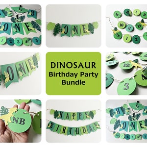 K&ouml;nnte beinhalten: Gr&uuml;ne und gelbe Dinosaurier-Partydekorationen. Das Set beinhaltet ein Banner mit der Aufschrift "Happy Birthday", ein Banner mit der Aufschrift "One" und eine Girlande aus gr&uuml;nen Kreisen mit den Zahlen 1 bis 12.