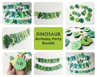 Dinosaur 1st Birthday Bundle - T-Rex Party Package. Boy, Girl Dino Decoations