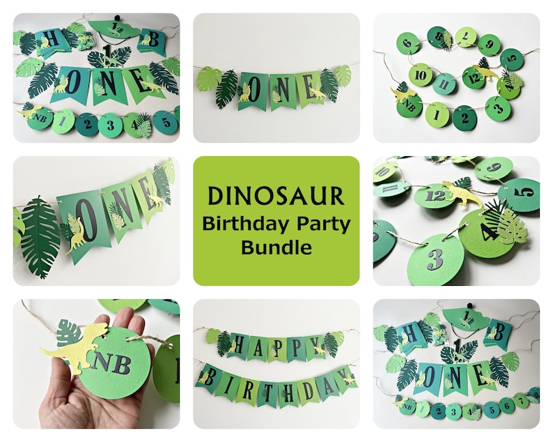 K&ouml;nnte beinhalten: Gr&uuml;ne und gelbe Dinosaurier-Partydekorationen. Das Set beinhaltet ein Banner mit der Aufschrift "Happy Birthday", ein Banner mit der Aufschrift "One" und eine Girlande aus gr&uuml;nen Kreisen mit den Zahlen 1 bis 12.