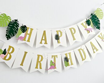 Girl Dinosaur Birthday Banner - Tropical Jungle Animals Birthday. Girl Dino Party Decor Dinosaur Birthday Decorations Happy Birthday Banner