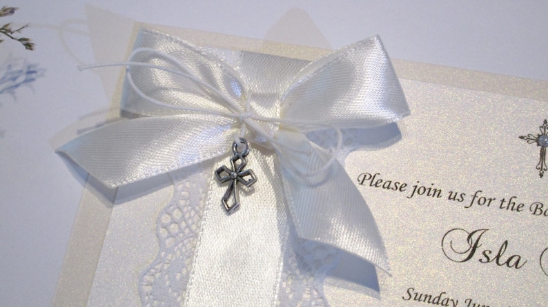 Ivory Baptism Invitation. Cross Charm Invite. Silver cross invitation. Girl baptism invitation. First holy communion. Christening Invitation image 2