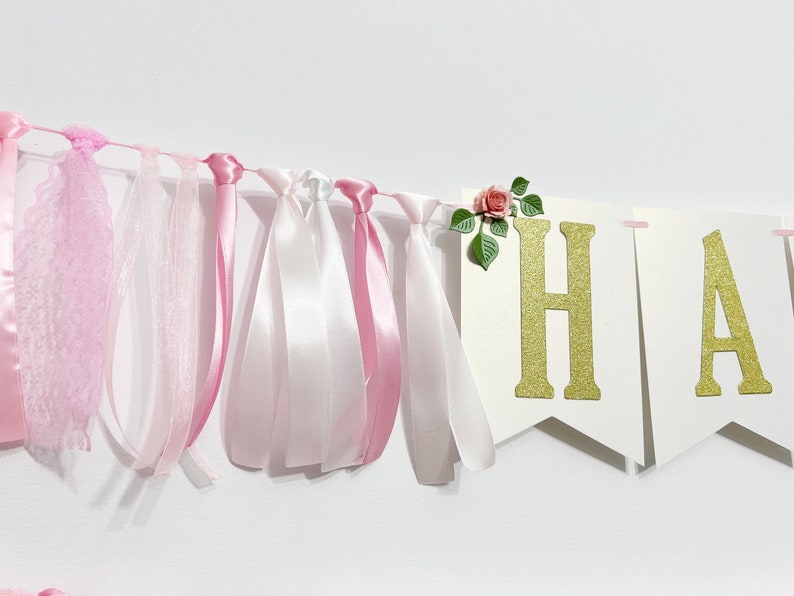 Floral Happy Birthday Banner Pink & Gold Silver 1st Birthday Decorations. Floral Birthday Banner Cake Smash Photo Flower Theme Party Decor image 7