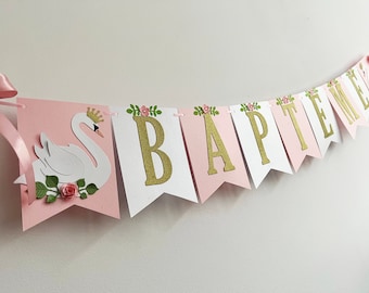 Guirnalda de bautizo de cisne: letras brillantes, banderín floral para bautizo