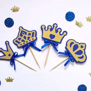 Décorations pour cupcakes Royal Prince Baby Shower. Premier anniversaire du prince royal. Décorations pour cupcakes Prince. Surmatelas bleu roi et or. Couronne Royal Blue & Gold