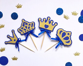 Adornos para cupcakes de príncipe real, corona azul y dorada (juego de 12)