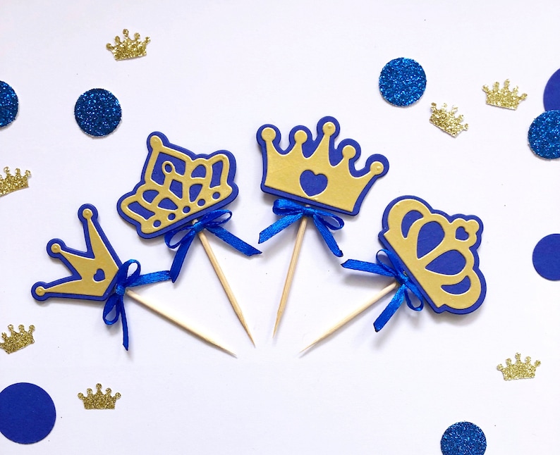 Décorations pour cupcakes Royal Prince Baby Shower. Premier anniversaire du prince royal. Décorations pour cupcakes Prince. Surmatelas bleu roi et or. Couronne Royal Blue & Gold