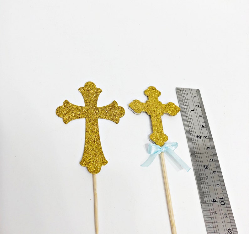 Set of 3 Glitter Cross Baptism Centerpieces Glitter Cross with Bow. Christening Baptism Decorations Cross Floral Picks Stick Centerpieces image 10