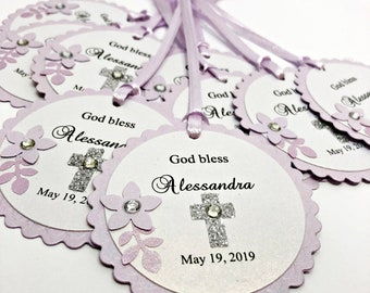 Etiquetas de recuerdo de bautizo de lavanda, recuerdo floral de primera comunión con acebo, recuerdos de bautizo
