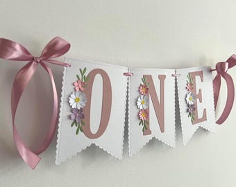 Guirnalda para silla alta Wildflower ONE, decoración para el primer cumpleaños de niña, rosa empolvado