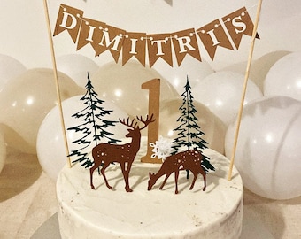 Winter Wonderland Cake Topper: Deer, Pine Tree, Snowflake - First Birthday