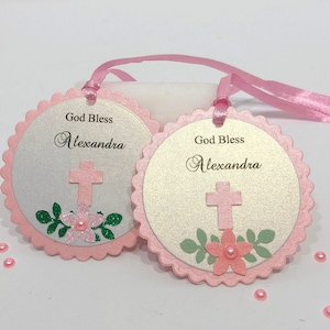 Pink Floral Favor Tags. Flower Baptism Favour Tags, First Communion, Christening Tags, Bridal Shower, Baby Shower Wedding Thank You Tags image 1