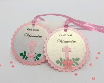 Pink Floral Favor Tags. Flower Baptism Favour Tags, First Communion, Christening Tags, Bridal Shower, Baby Shower Wedding Thank You Tags