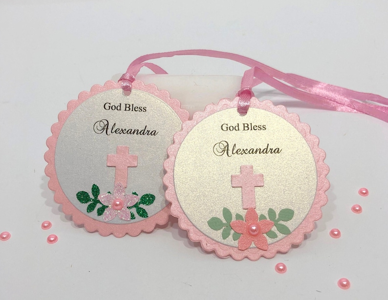 Pink Floral Favor Tags. Flower Baptism Favour Tags, First Communion, Christening Tags, Bridal Shower, Baby Shower Wedding Thank You Tags image 1