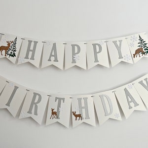 Winter Wonderland Happy Birthday Banner Forest Woodland Banner. NEUTRAL Winter Onederland Happy Birthday Banner. Snowflake Birthday Banner zdjęcie 3