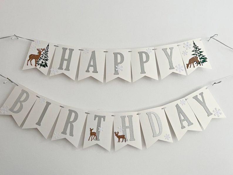 Winter Wonderland Happy Birthday Banner Forest Woodland Banner. NEUTRAL Winter Onederland Happy Birthday Banner. Snowflake Birthday Banner image 3