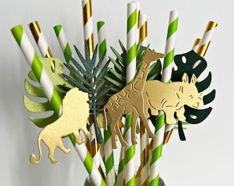 10 pajitas de papel de safari - Decoraciones para fiesta de safari en la jungla. Baby shower de safari en la jungla, decoraciones para fiesta de safari, primer cumpleaños de safari, tema "Salvaje".