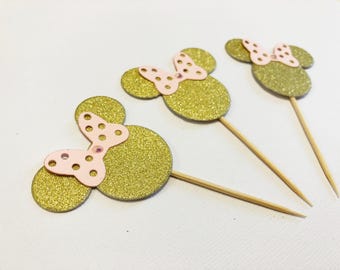 Minnie Mouse Cupcake Toppers - Gold Glitter Birthday Party Decorations