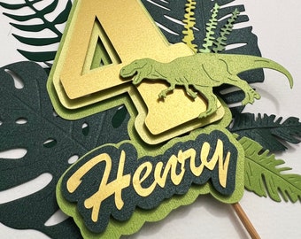 Personalized Dinosaur Cake Topper – Green & Gold Birthday Party Decor